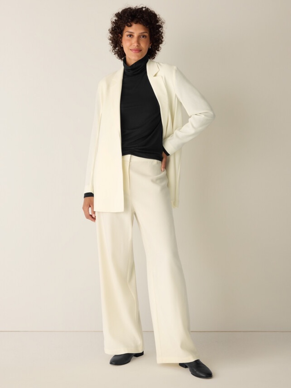 NWT Eileen Fisher Stretch Wool Crepe Wide-Leg Trousers Easy Fit Full Length Sz L